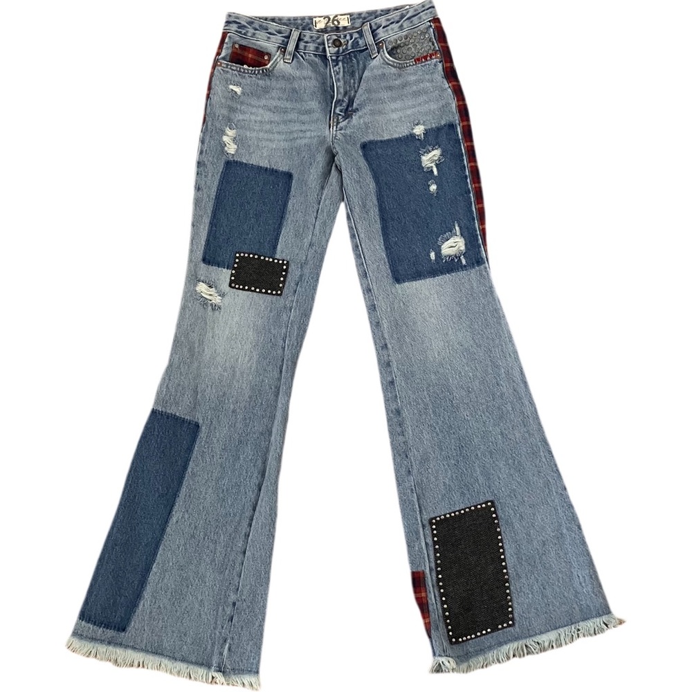 We The Free Patchwork Flare Jeans w/ Flannel and Studs sz 26